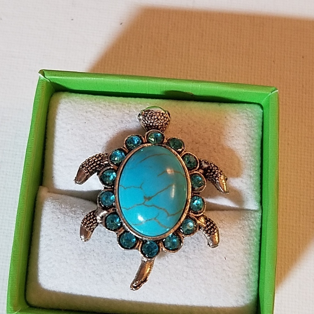 Turtle Rhinestone Silver Tone Adj Turquoise Ring